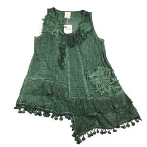 Pretty Angel Medium Tunic Tank Top Green Floral Ruffle Lace Linen Blend NWT E18